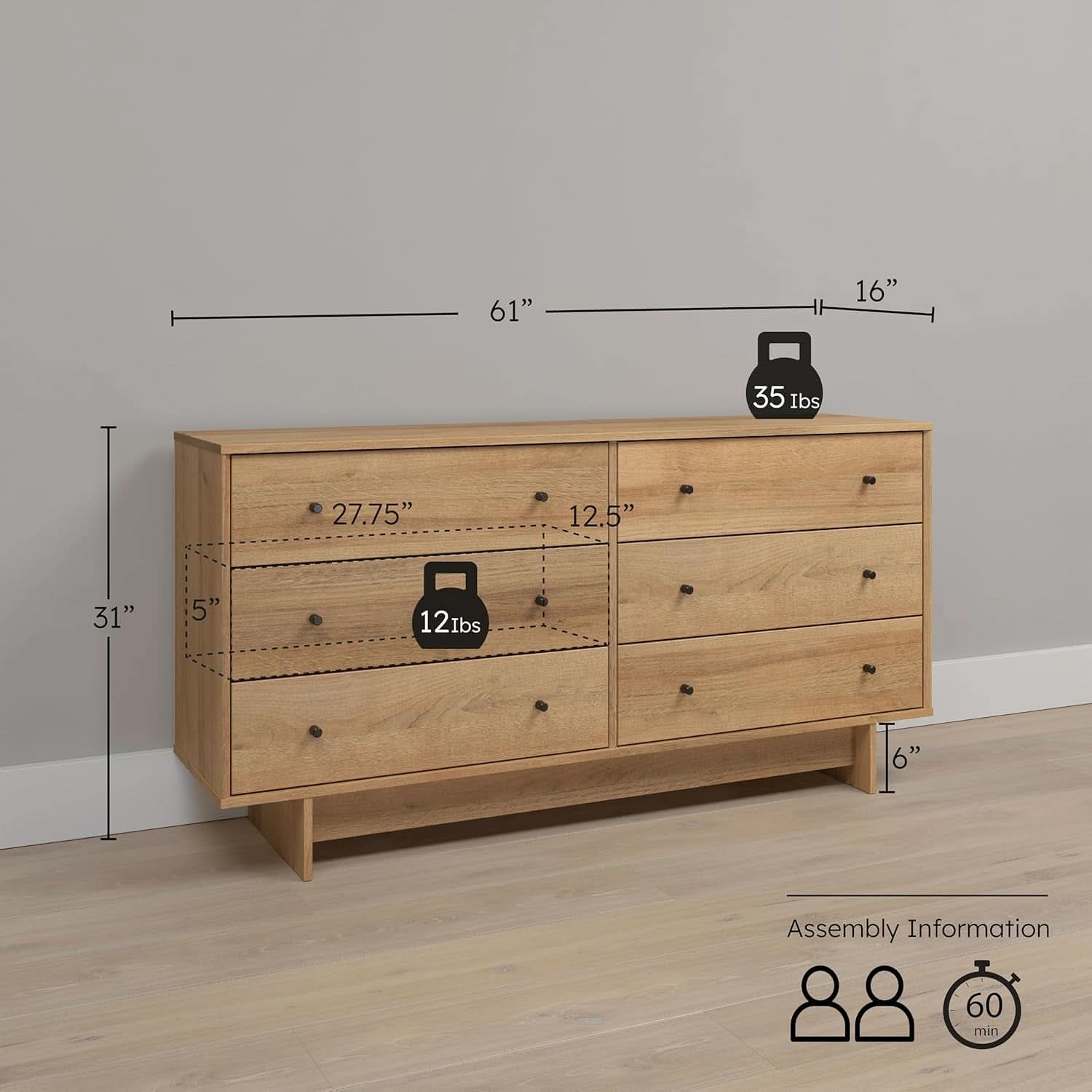 Finnley Natural Oak Six Drawer Dresser Oak Veneer Finish