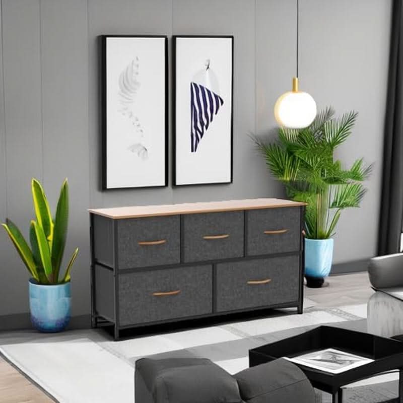 Five Drawer Dresser In Cool Grey For Bedroom Storage