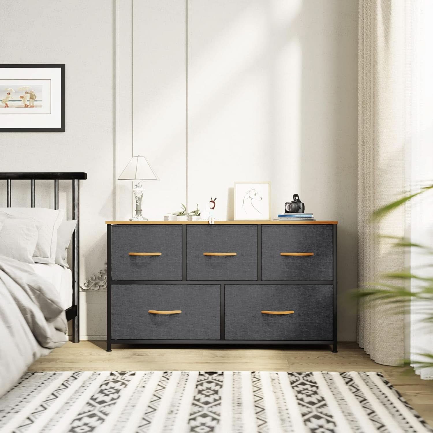 Five Drawer Dresser In Cool Grey For Bedroom Storage