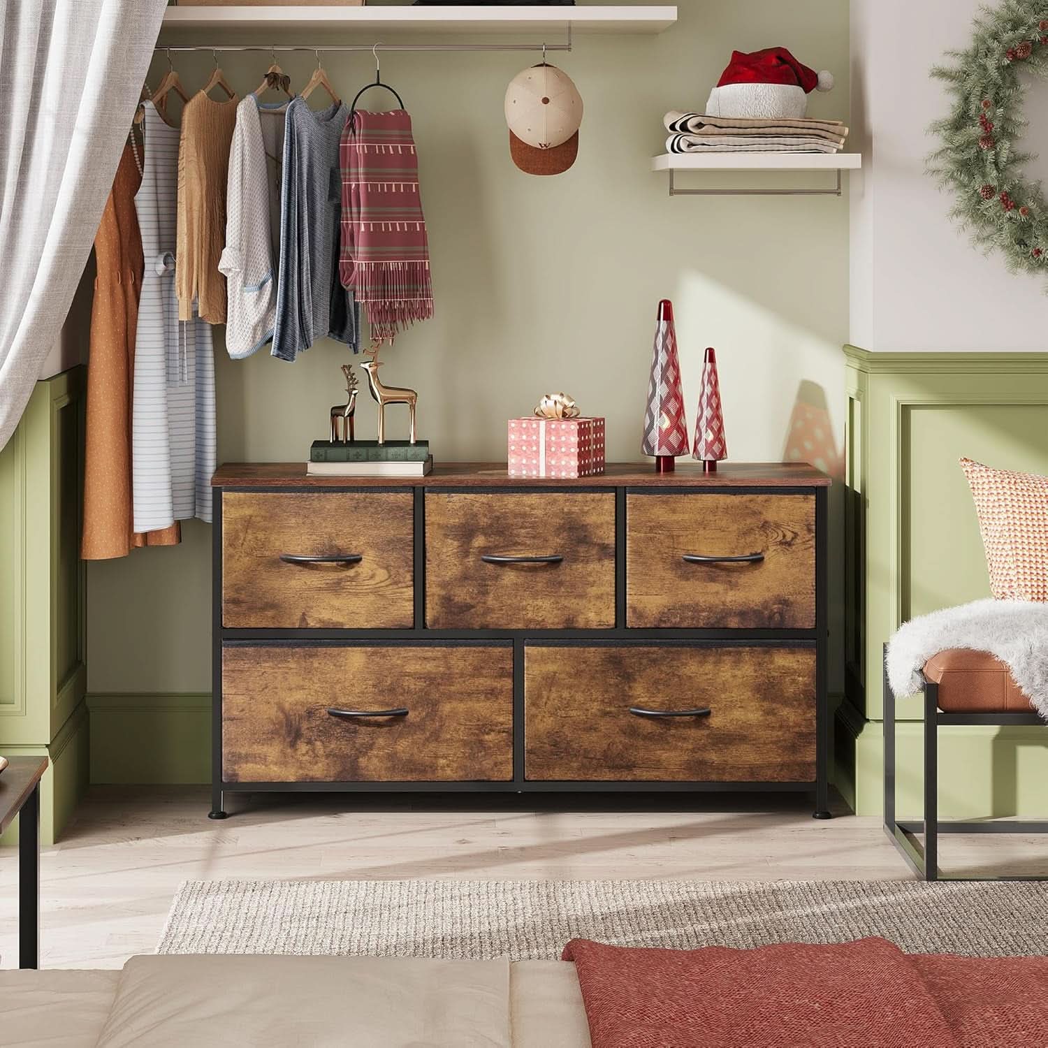 Five Drawer Dresser for Bedroom Rustic Brown Wood Grain