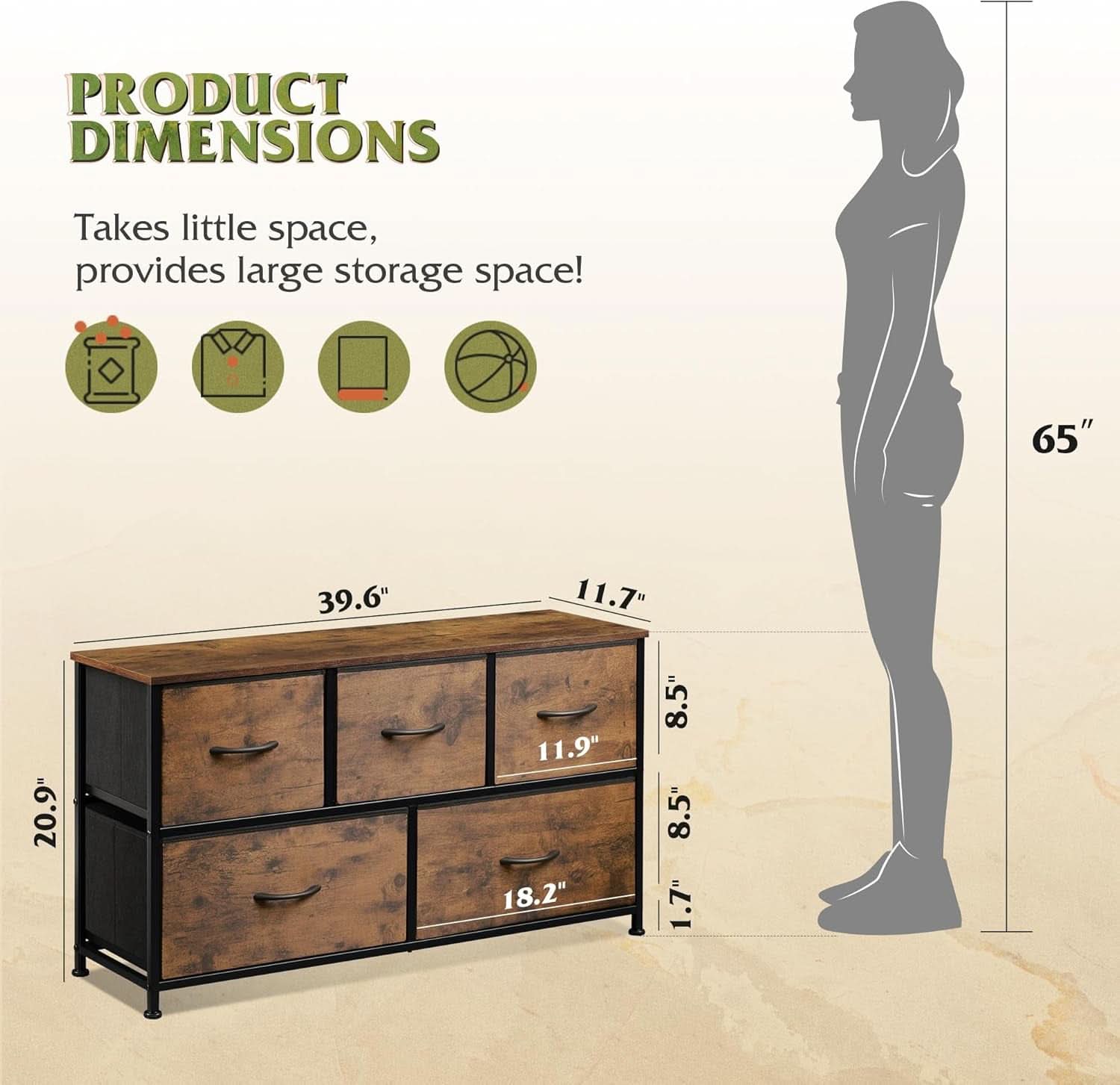 Five Drawer Dresser for Bedroom Rustic Brown Wood Grain