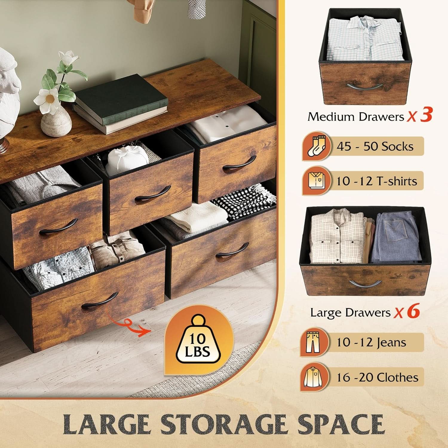 Five Drawer Dresser for Bedroom Rustic Brown Wood Grain