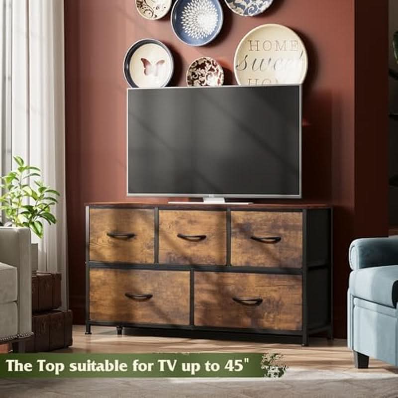 Five Drawer Dresser for Bedroom Rustic Brown Wood Grain