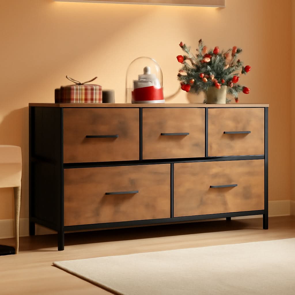 Five Drawer Dresser for Bedroom Rustic Brown Wood Grain