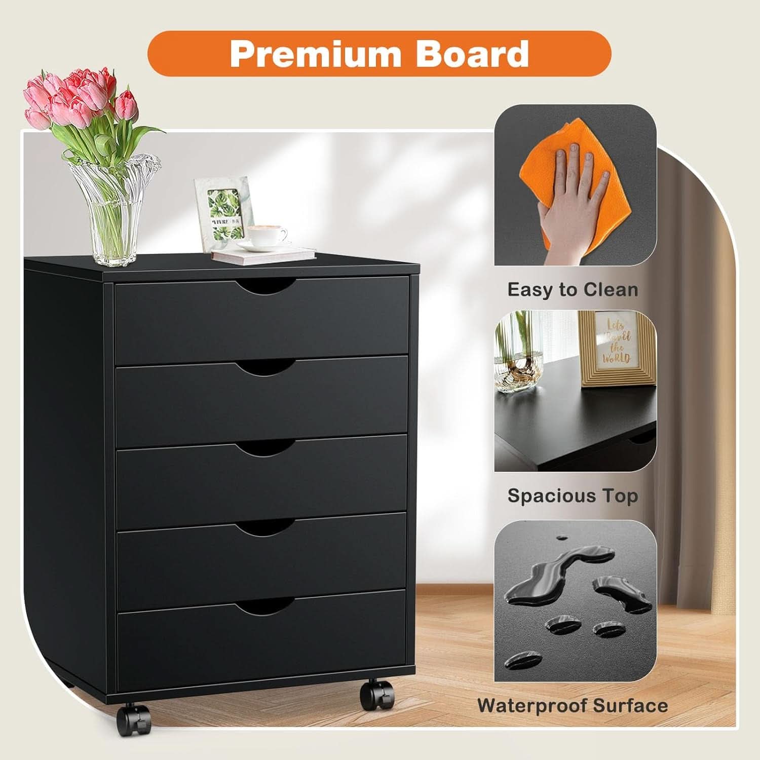 Five Drawer Multifunctional File Cabinet Black Industrial