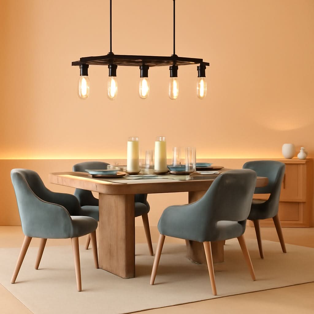 Five Light Farmhouse Linear Chandelier With Rustic Wood