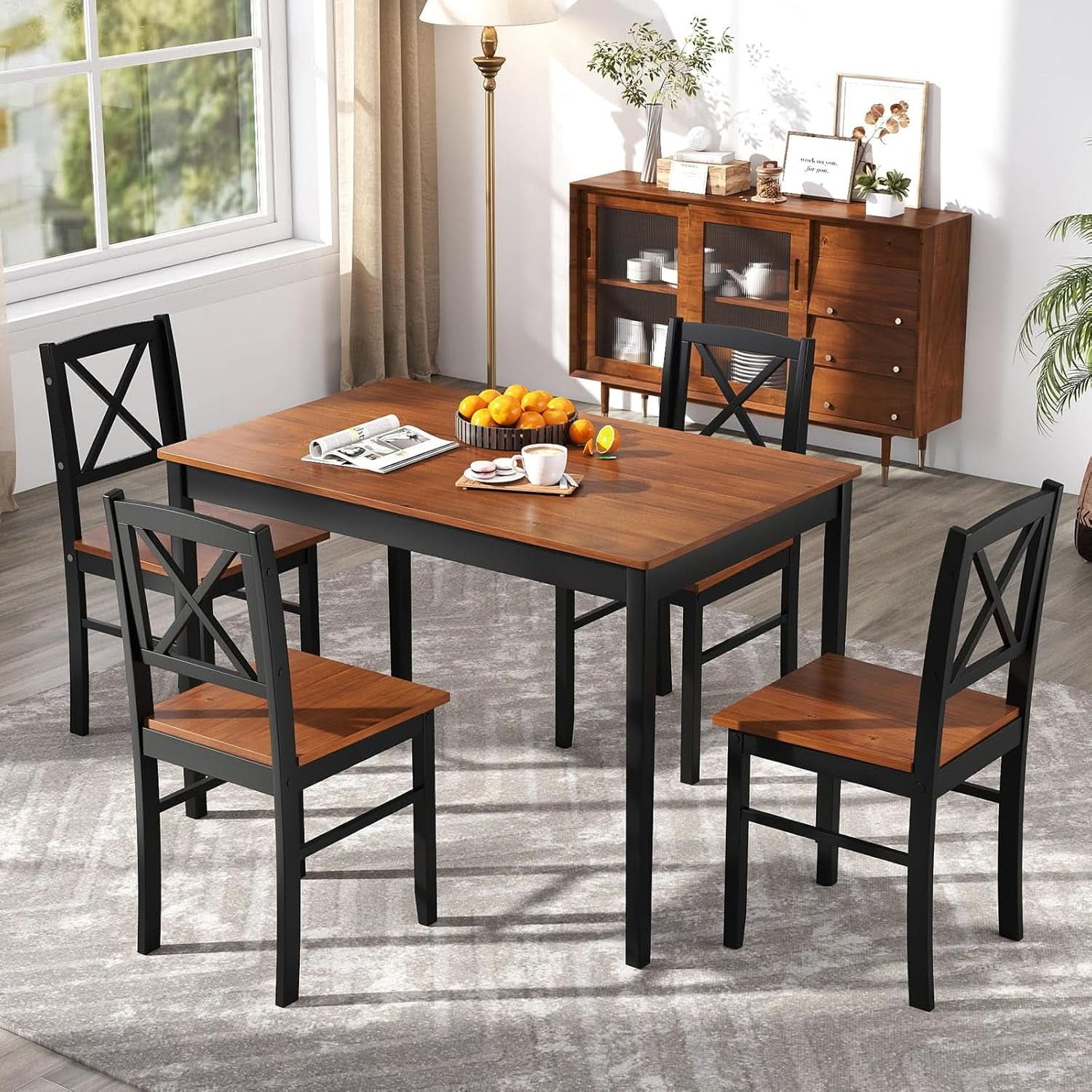 Five Piece Dining Table Set Cross Backrest Rubberwood Legs