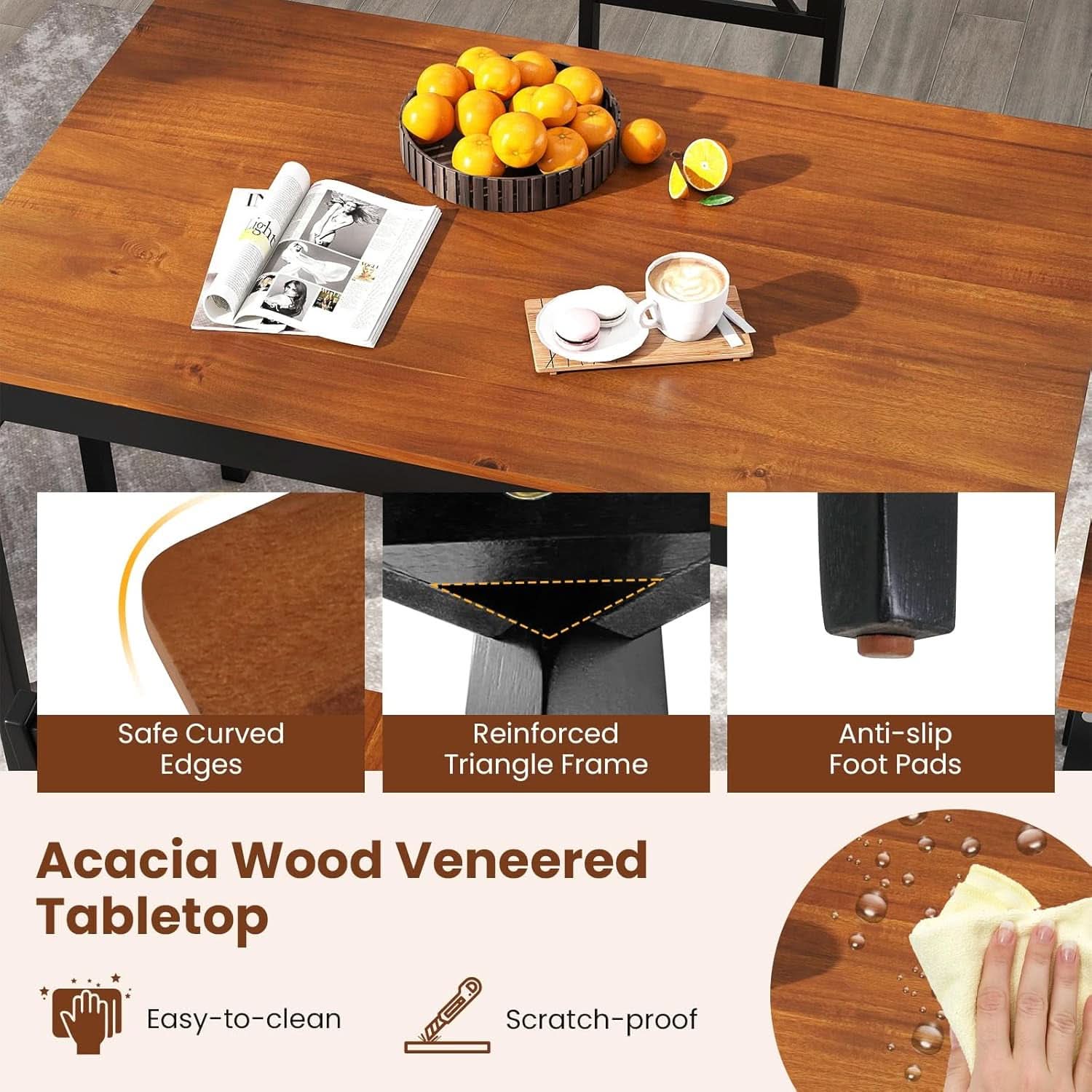 Five Piece Dining Table Set Cross Backrest Rubberwood Legs