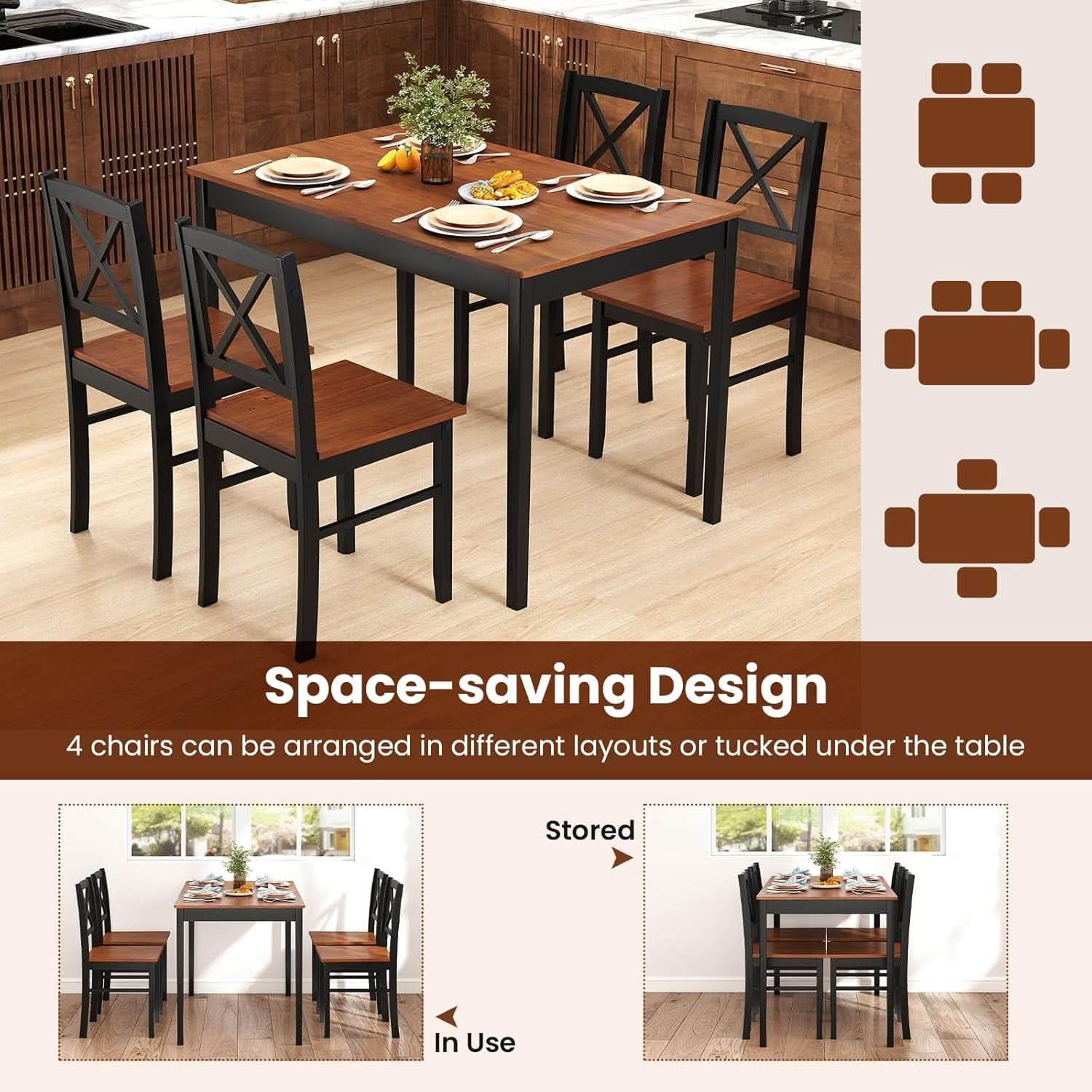Five Piece Dining Table Set Cross Backrest Rubberwood Legs