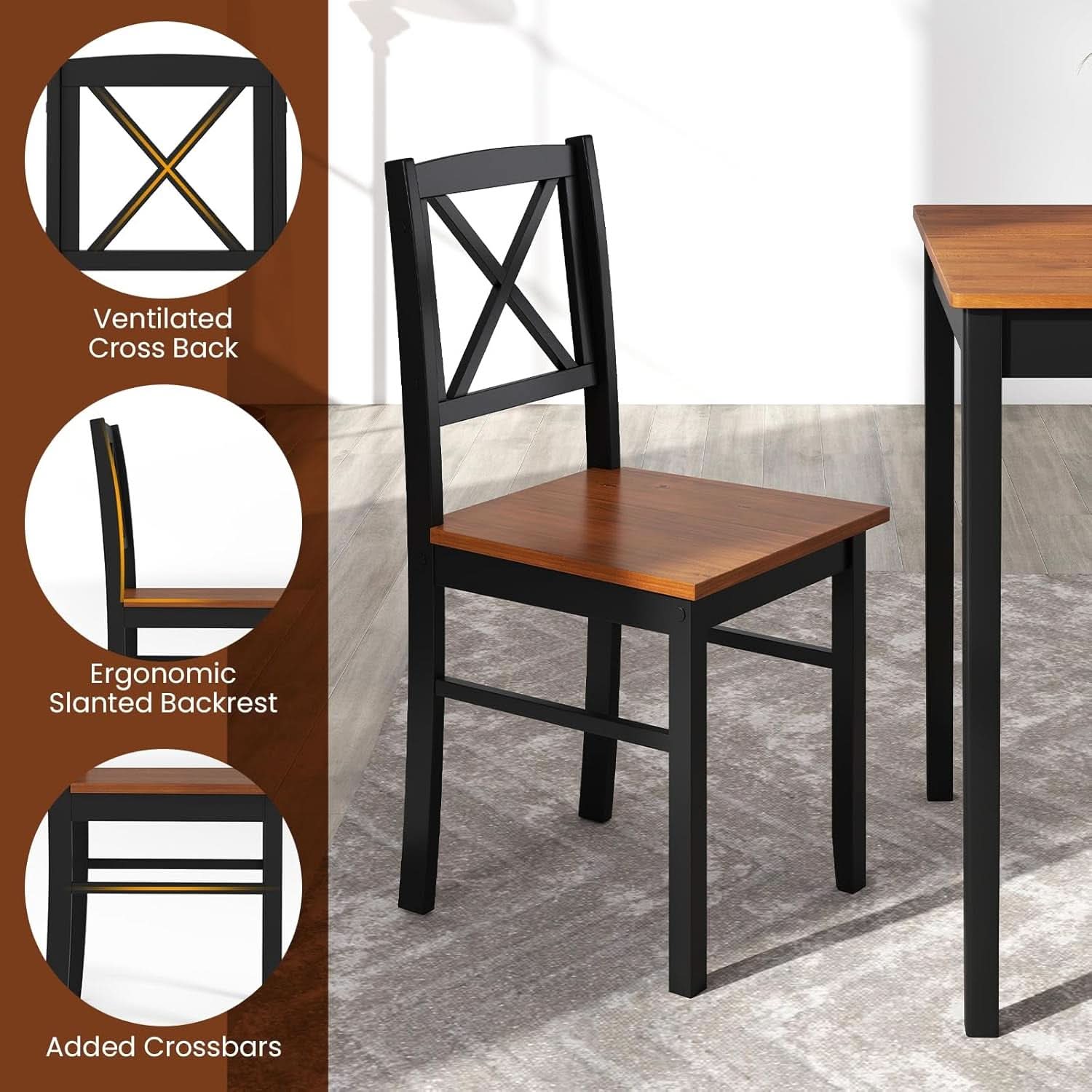 Five Piece Dining Table Set Cross Backrest Rubberwood Legs