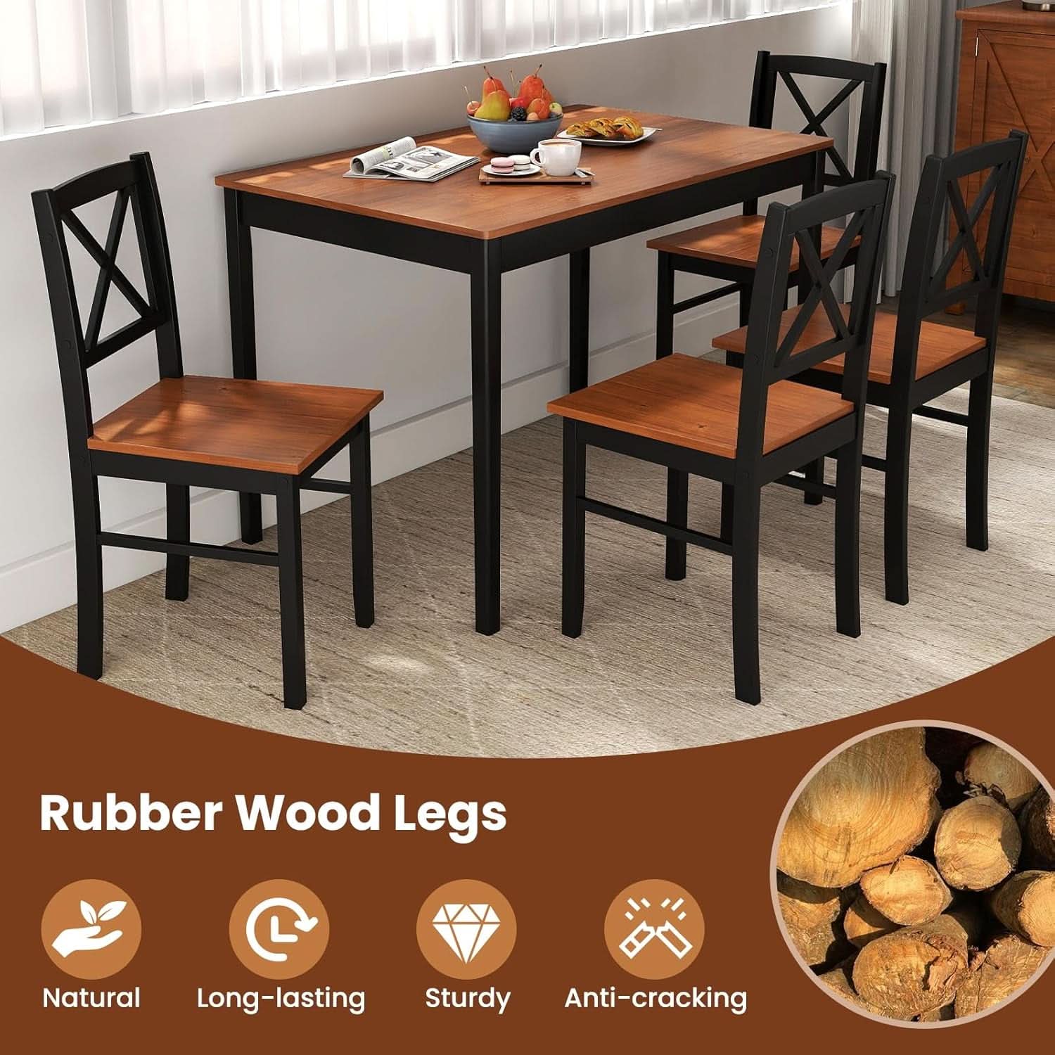 Five Piece Dining Table Set Cross Backrest Rubberwood Legs