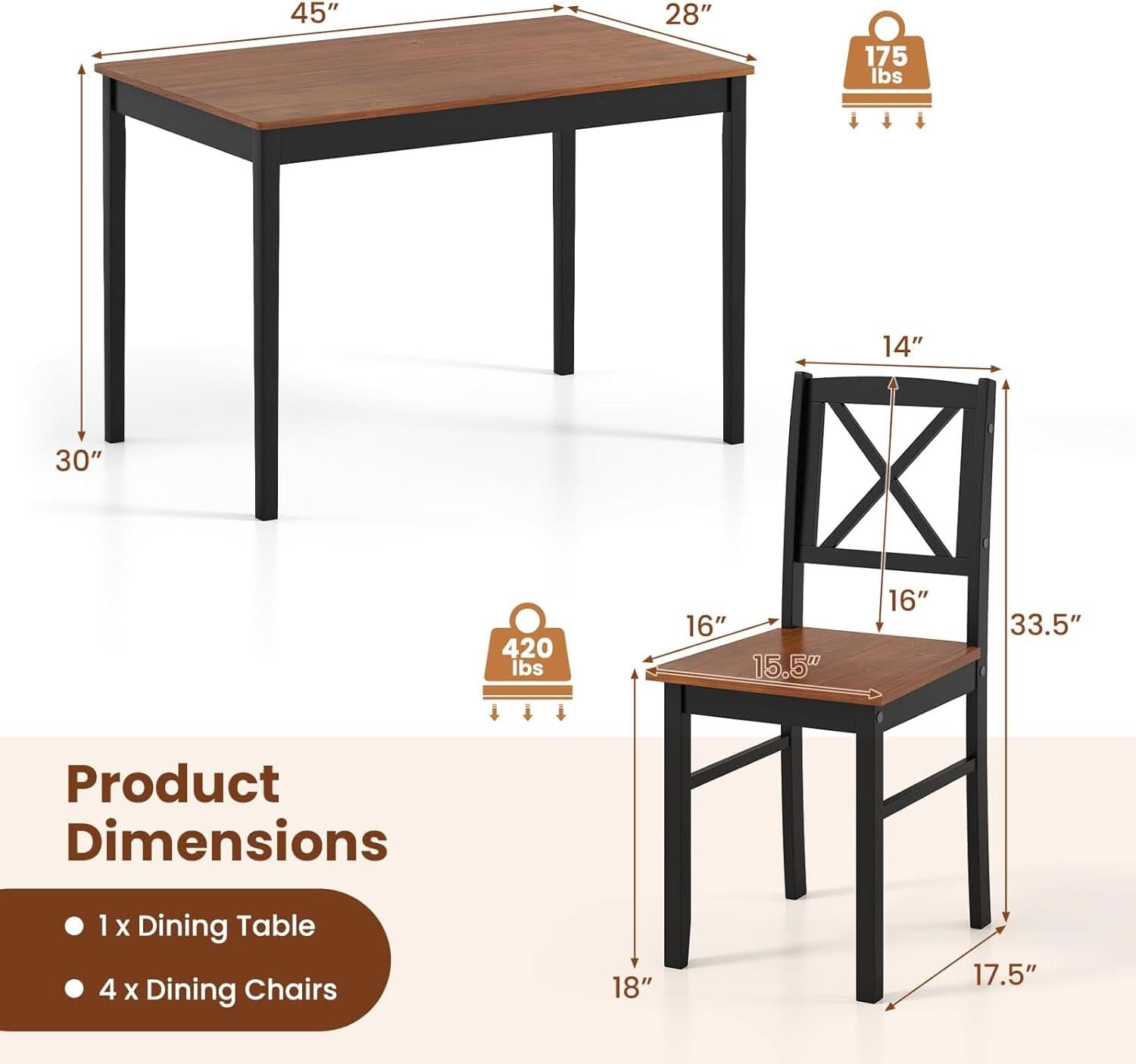 Five Piece Dining Table Set Cross Backrest Rubberwood Legs