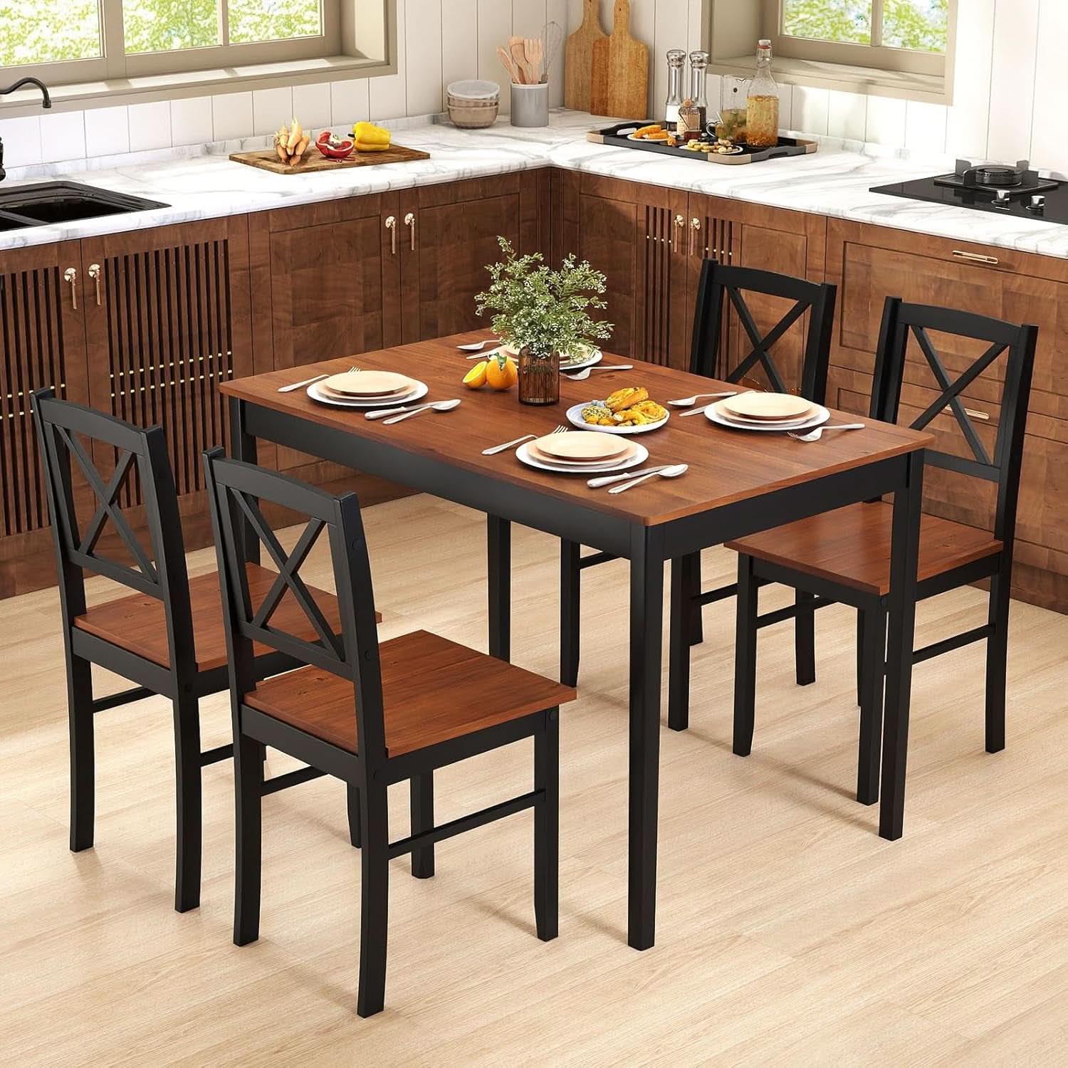 Five Piece Dining Table Set Cross Backrest Rubberwood Legs