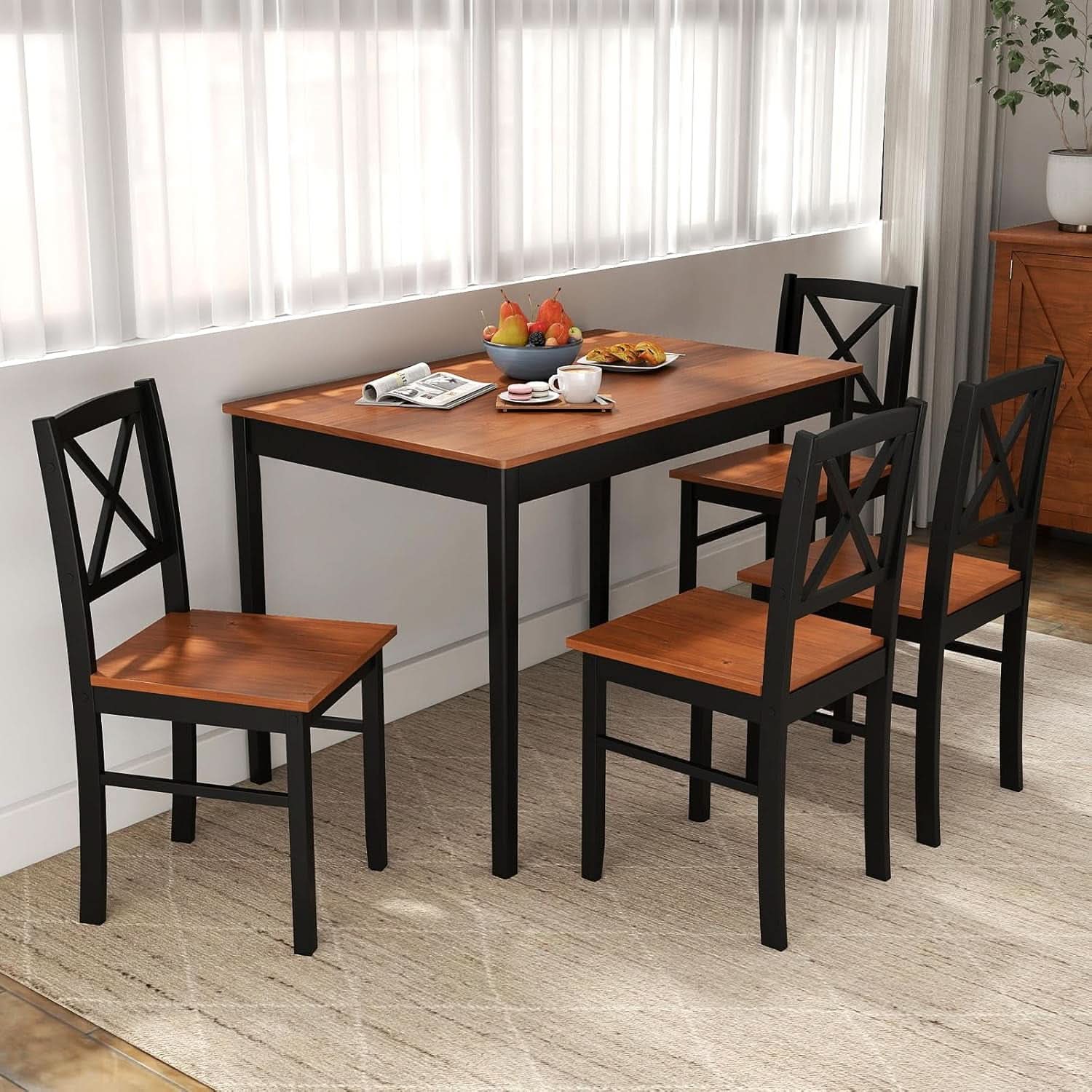 Five Piece Dining Table Set Cross Backrest Rubberwood Legs