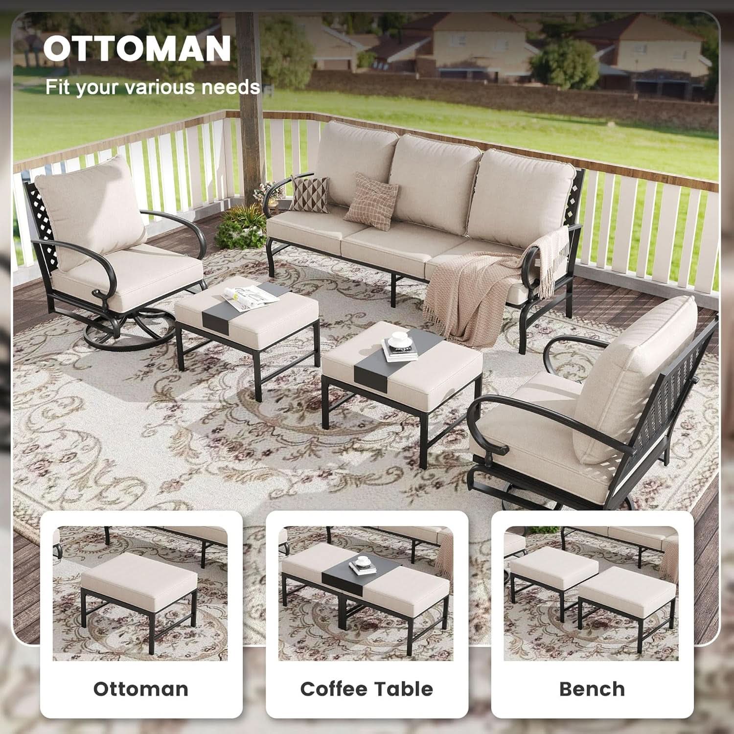Five Piece Outdoor Patio Furniture Set with Cushions