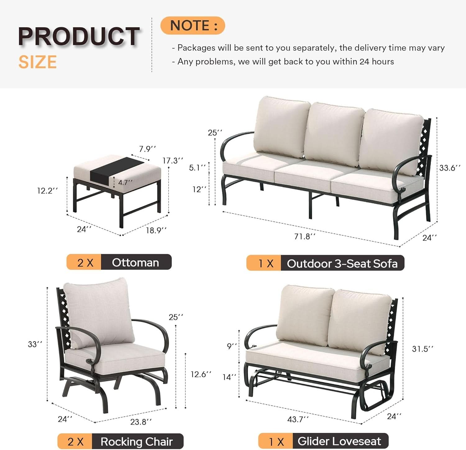 Five Piece Outdoor Patio Furniture Set with Cushions