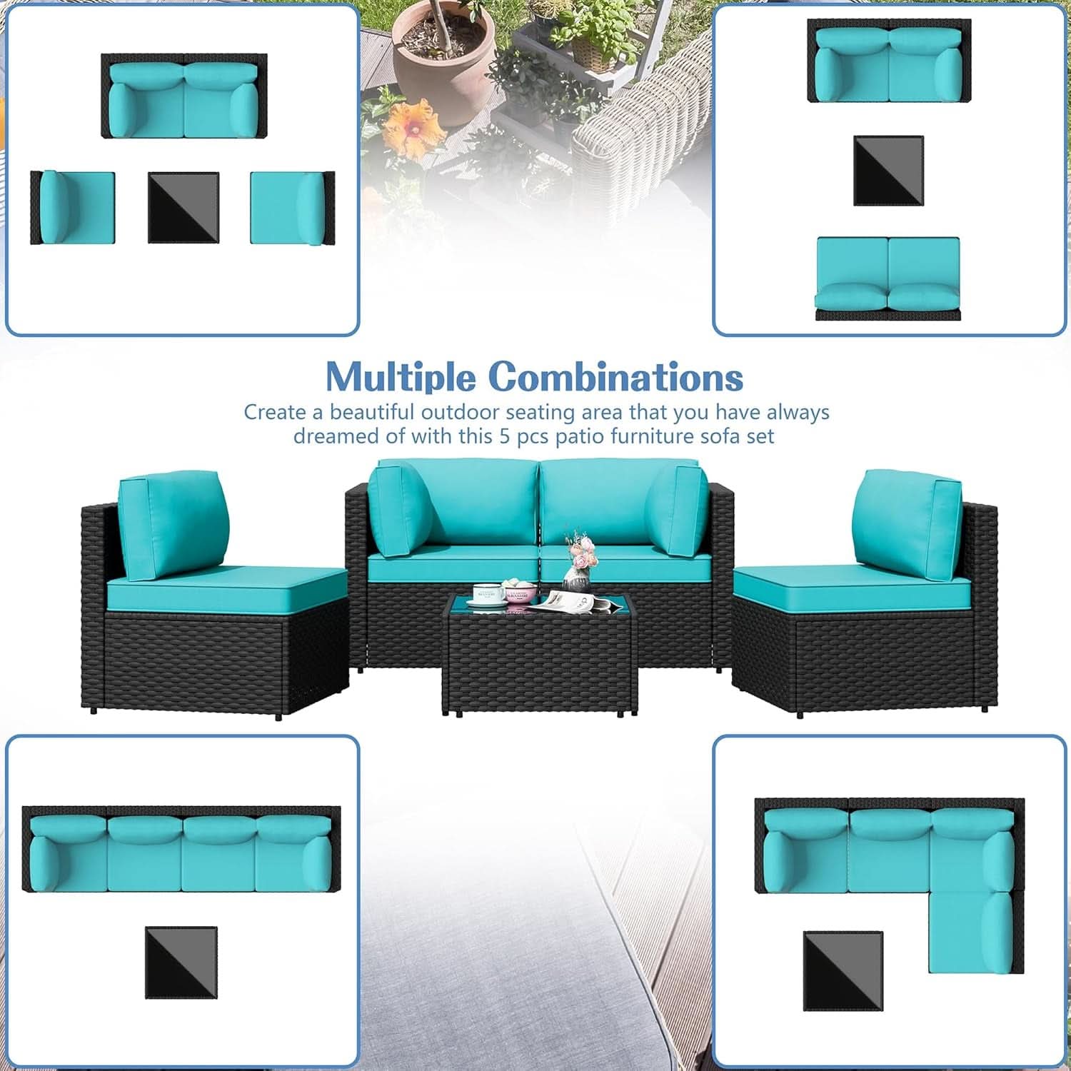 Five Piece Outdoor Patio Sectional Sofa Set Blue