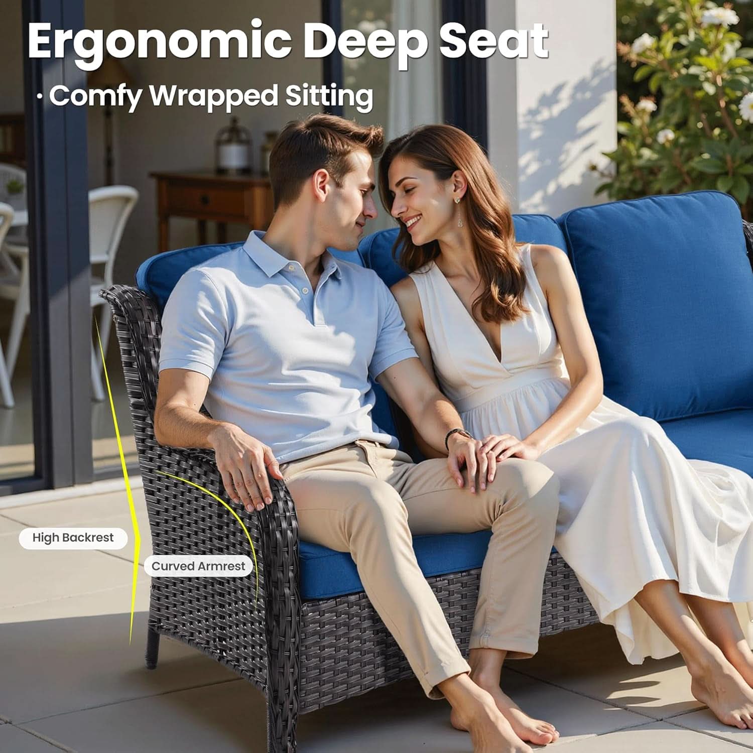 Five Piece Outdoor Wicker Patio Set With Cushions Navy Blue
