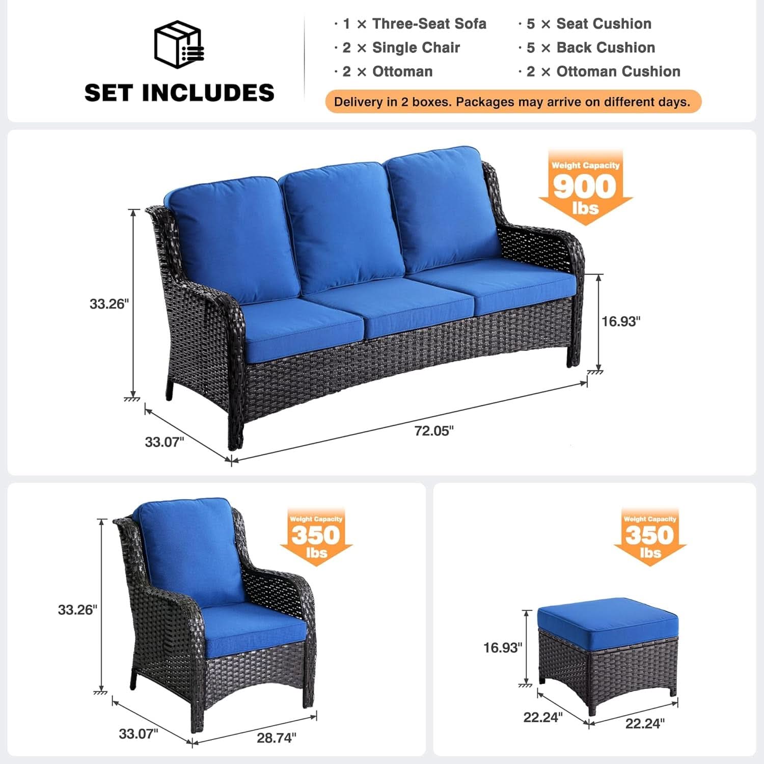 Five Piece Outdoor Wicker Patio Set With Cushions Navy Blue