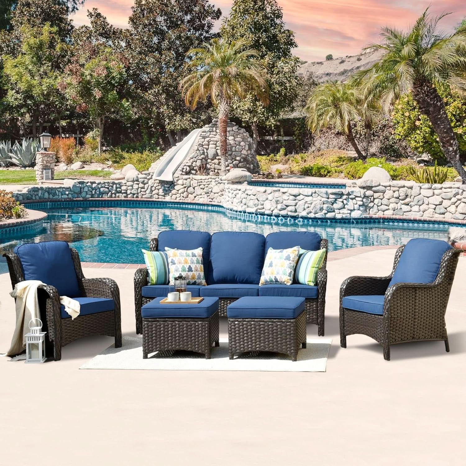 Five Piece Outdoor Wicker Patio Set With Cushions Navy Blue