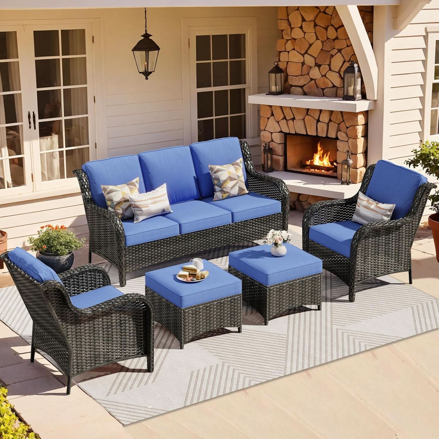 Five Piece Outdoor Wicker Patio Set With Cushions Navy Blue