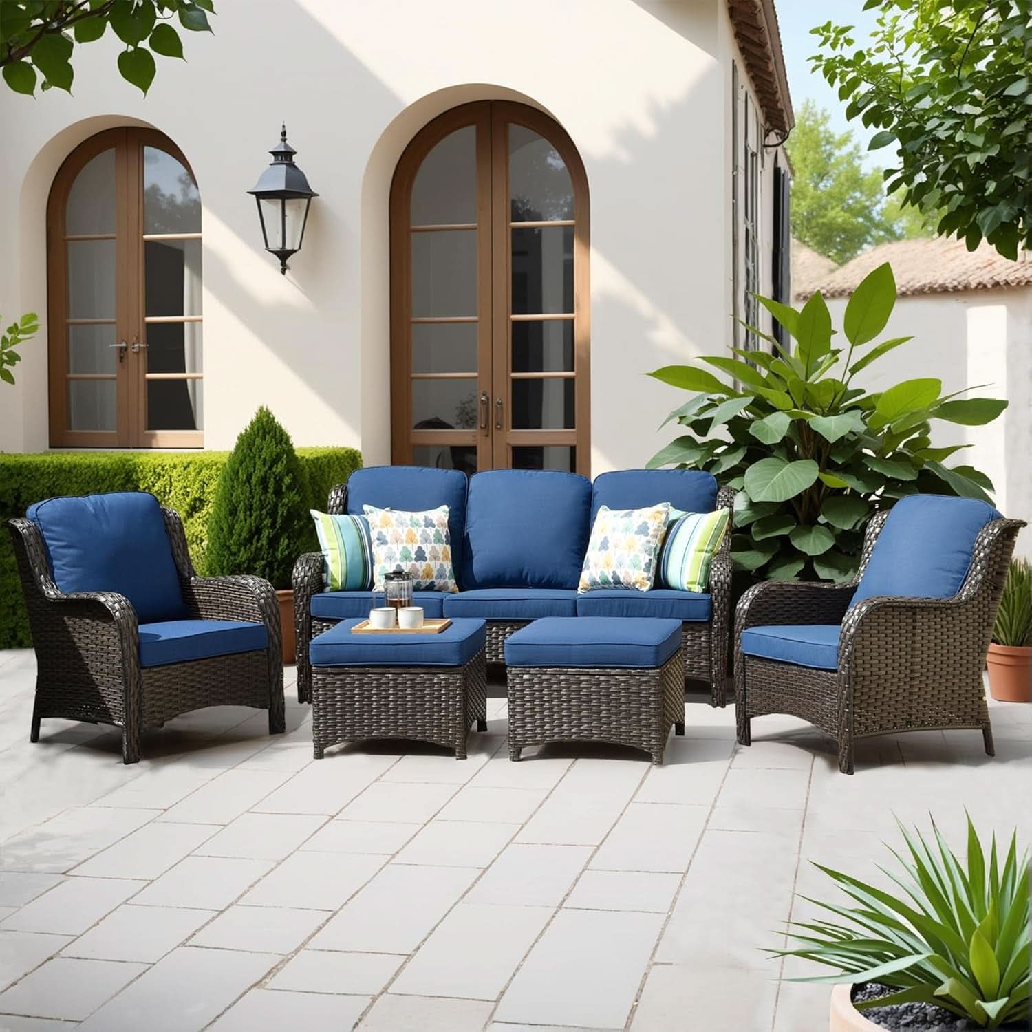 Five Piece Outdoor Wicker Patio Set With Cushions Navy Blue