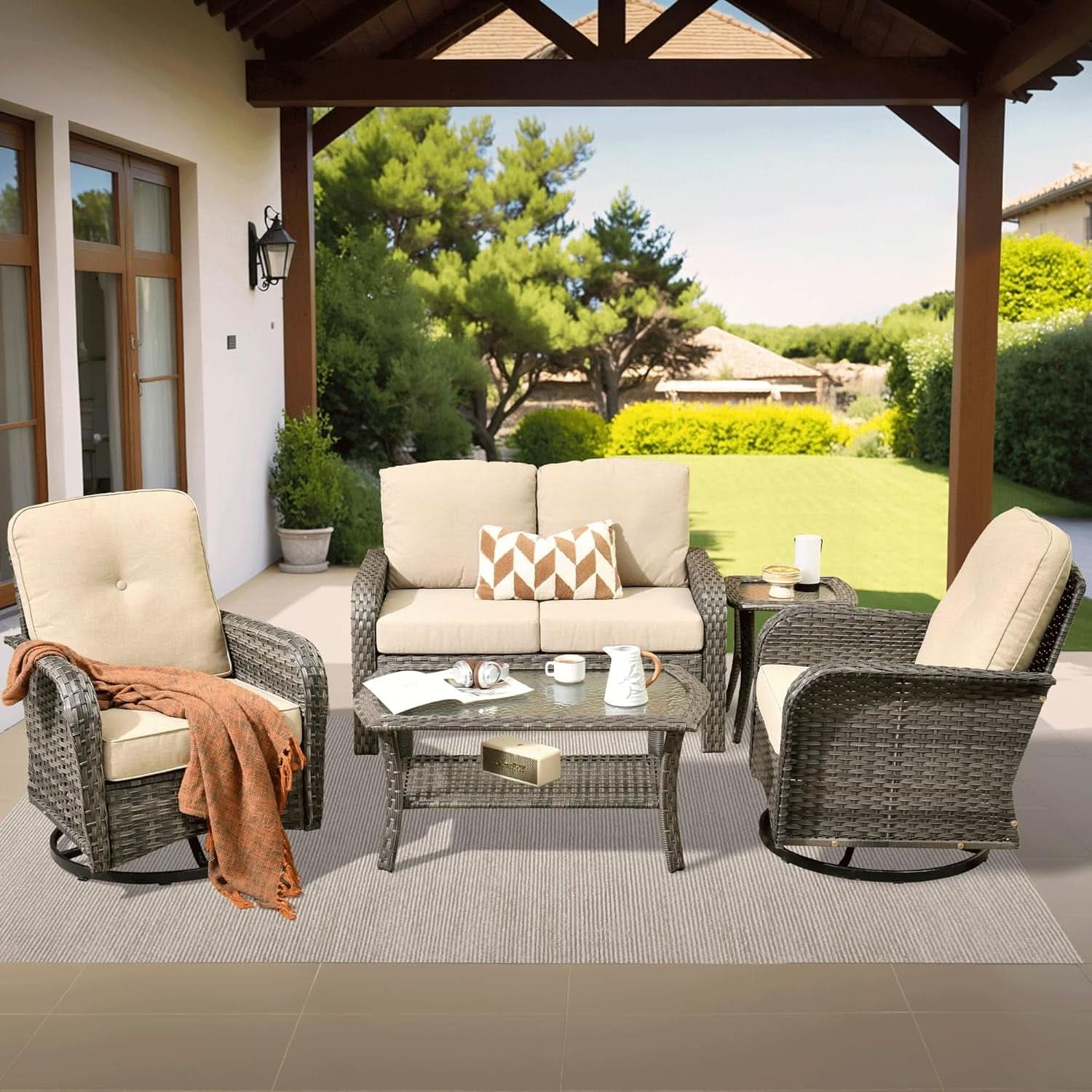 Five Piece Outdoor Wicker Sofa Set with Cushions