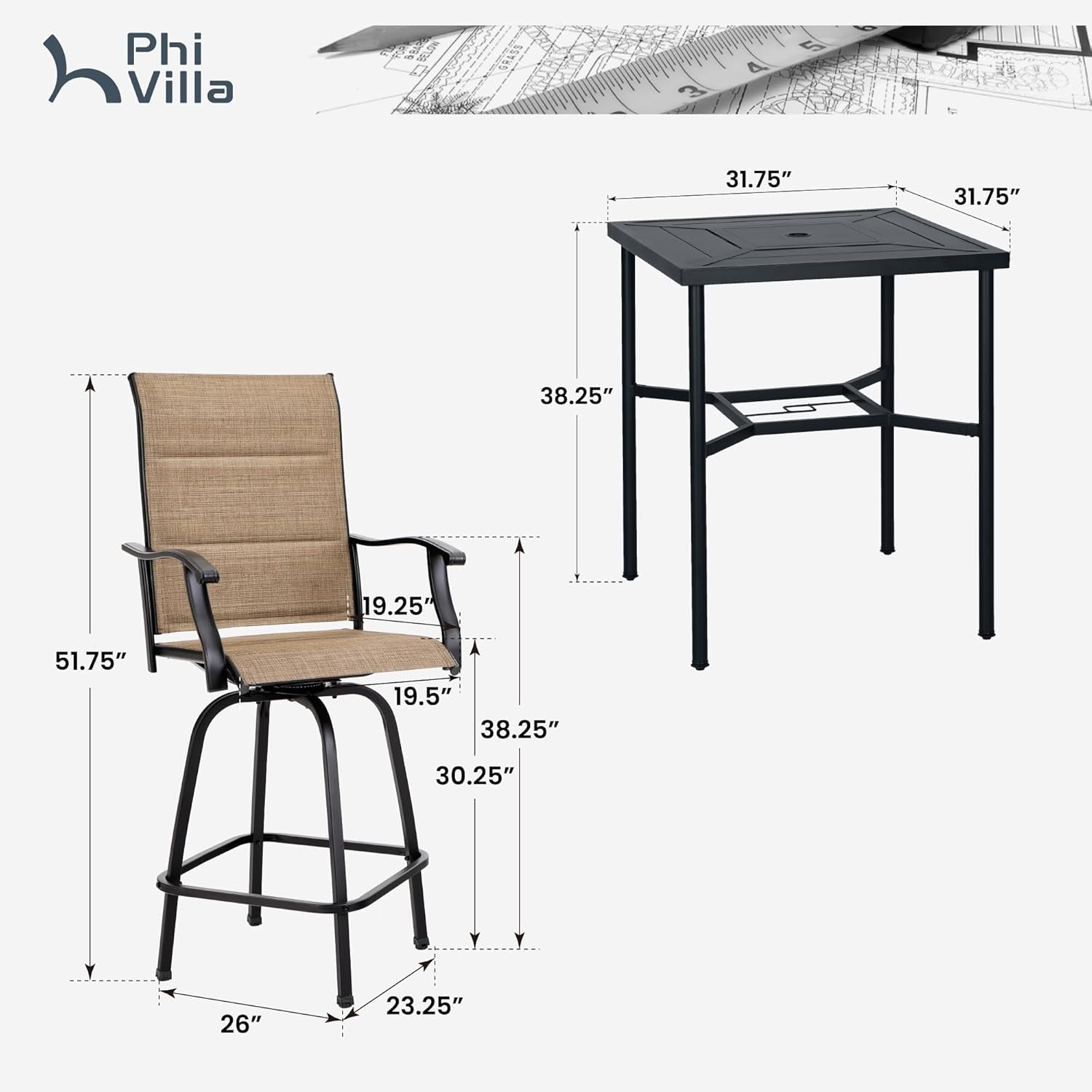Five Piece Patio Bar Set with Swivel Padded Stools