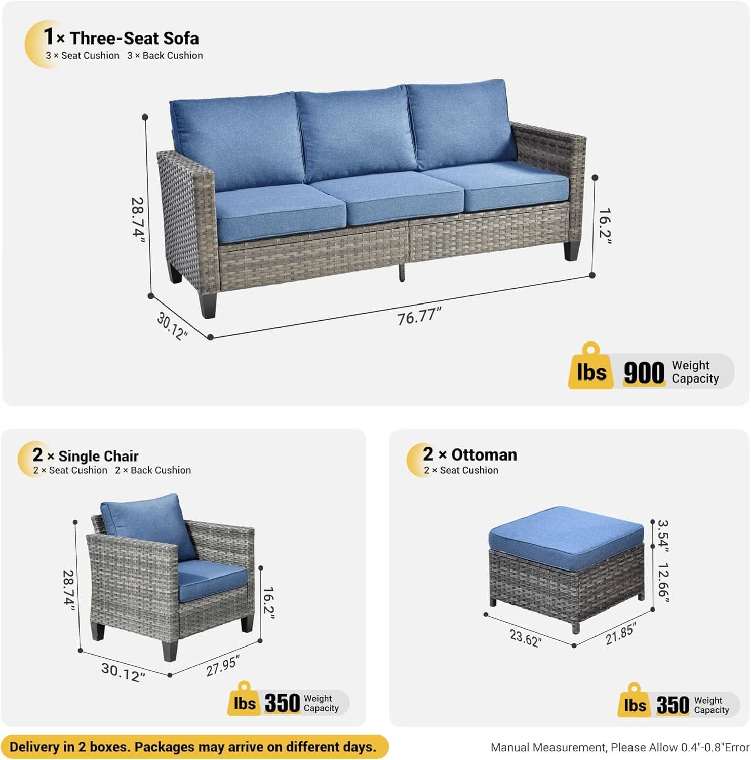 Five Piece Patio Outdoor Wicker Furniture Set Denim Blue