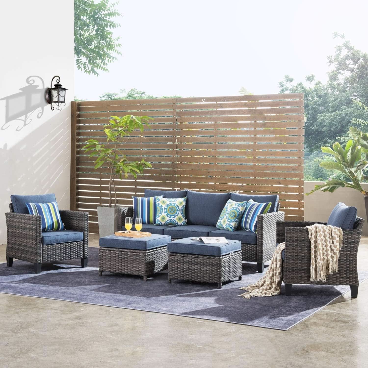 Five Piece Patio Outdoor Wicker Furniture Set Denim Blue