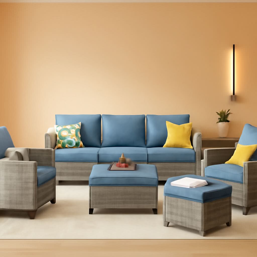 Five Piece Patio Outdoor Wicker Furniture Set Denim Blue
