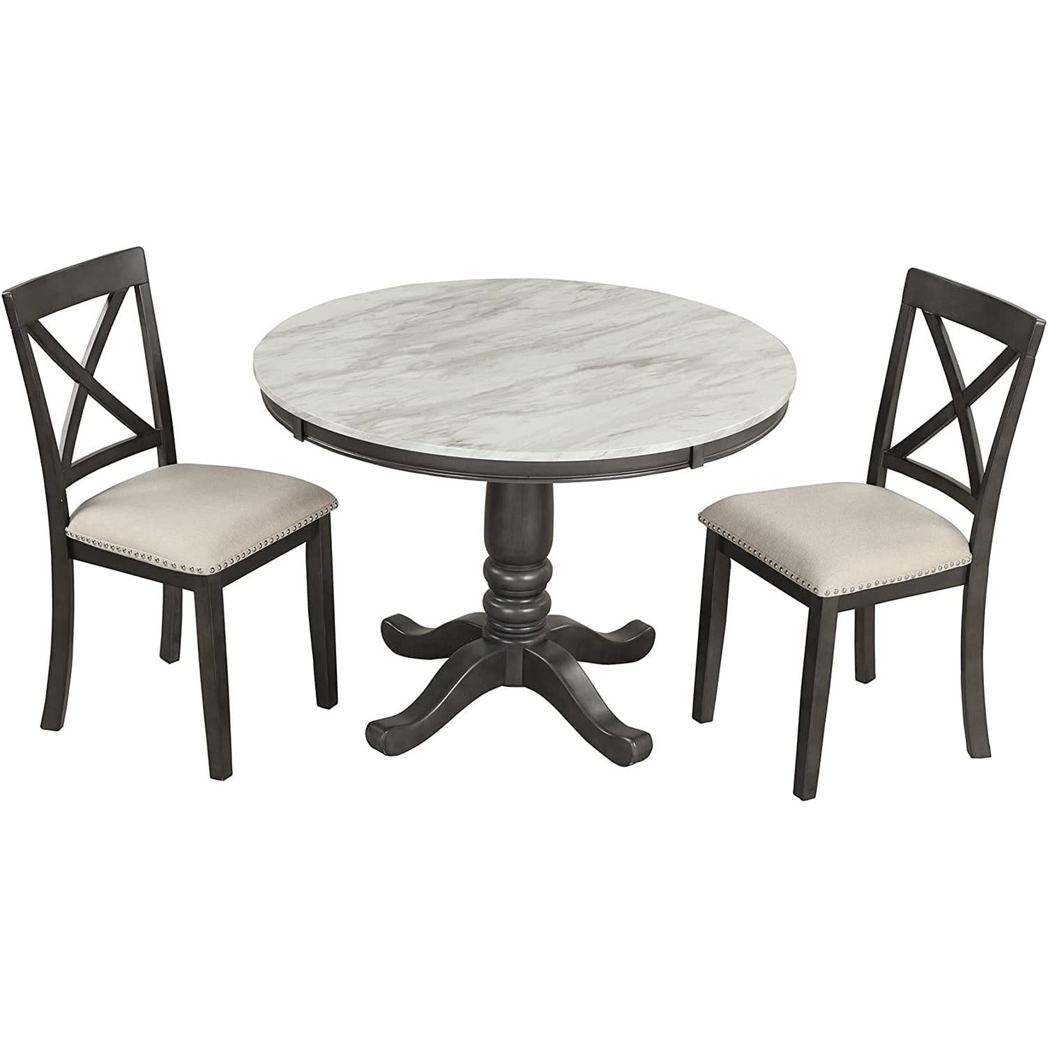 Five Piece Round Wood Dining Table Set Cushioned Chairs