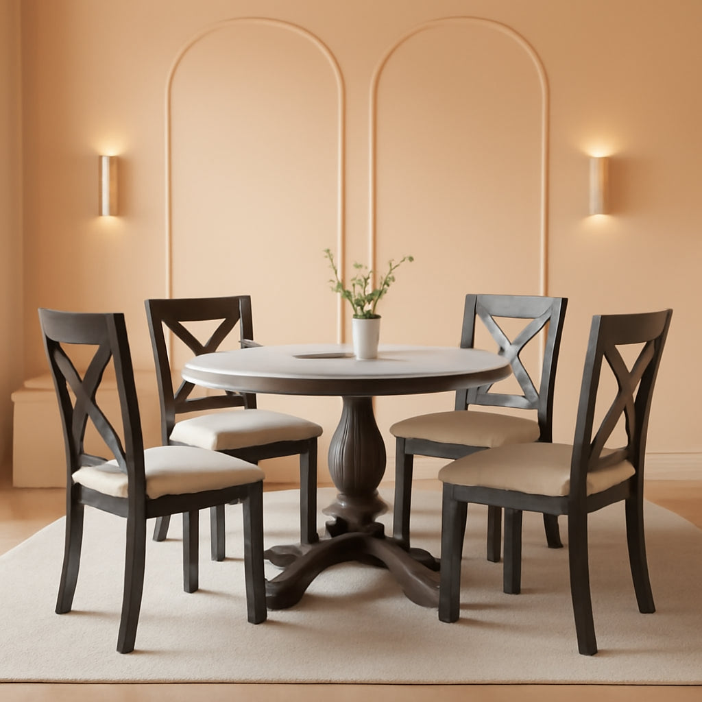 Five Piece Round Wood Dining Table Set Cushioned Chairs