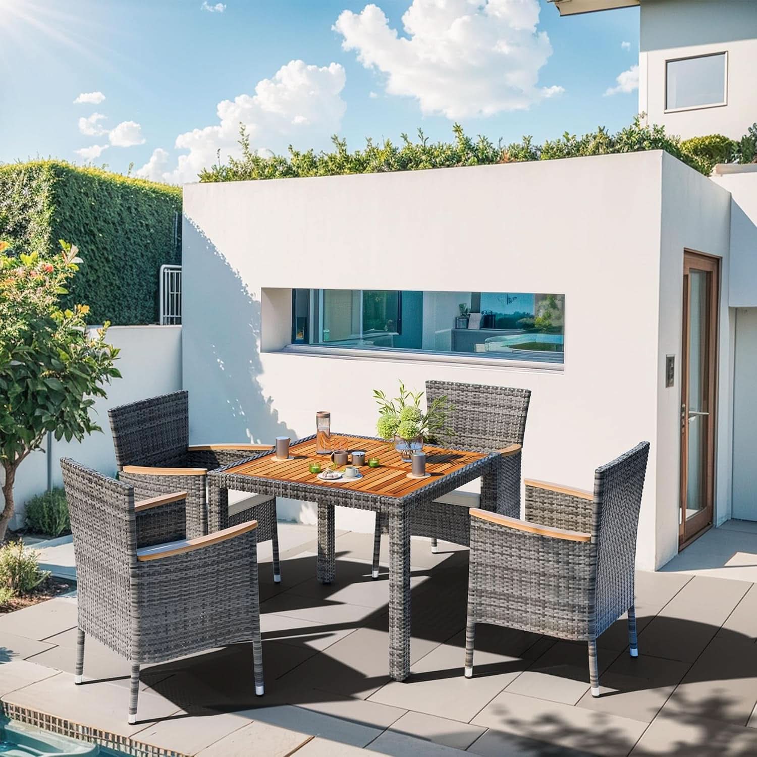 Five Piece Wicker Patio Dining Set with Cushions