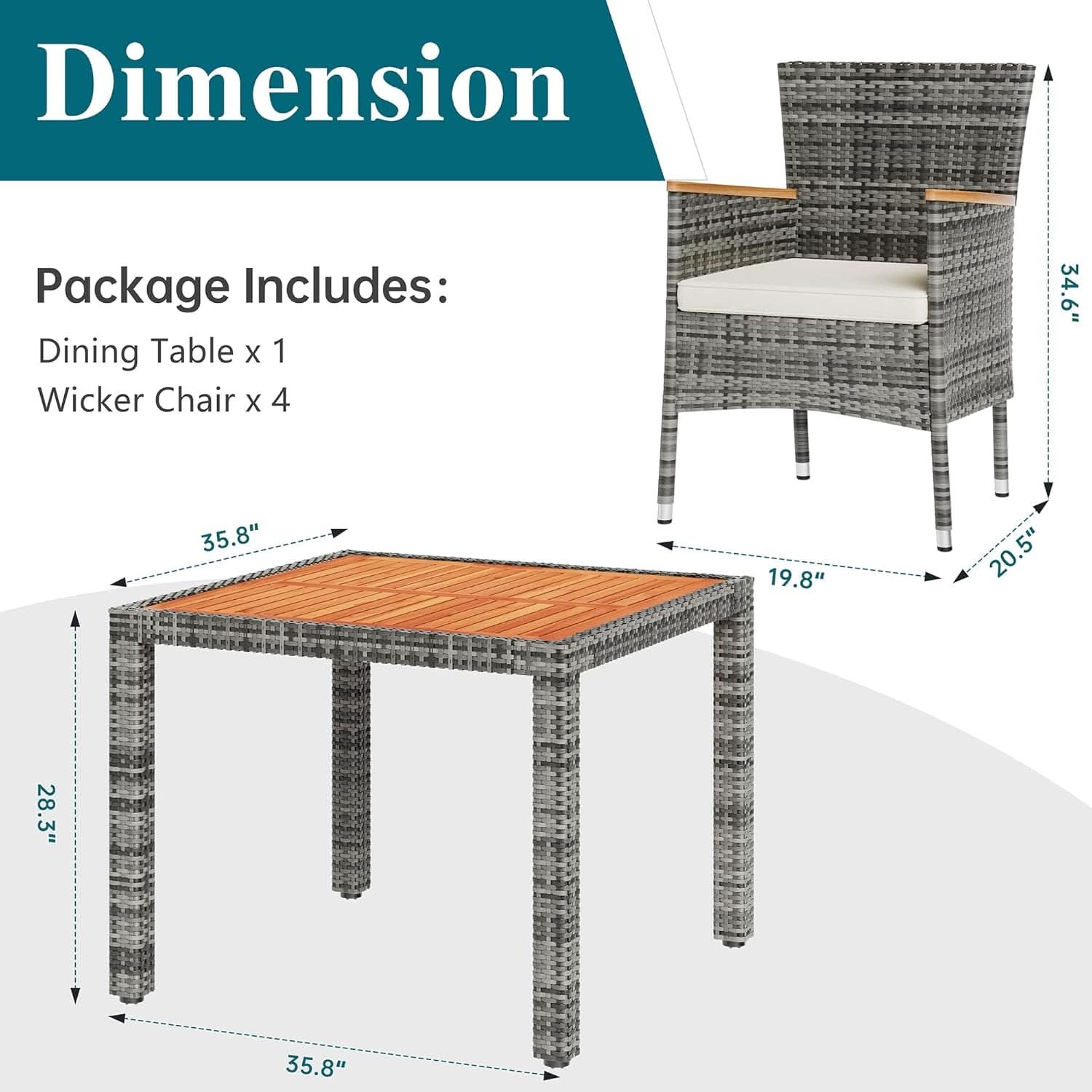 Five Piece Wicker Patio Dining Set with Cushions