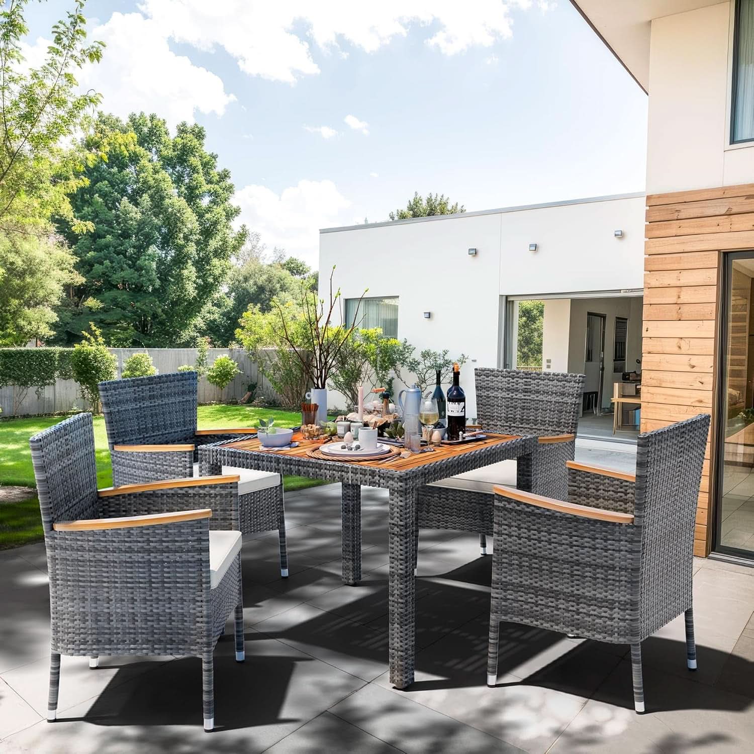 Five Piece Wicker Patio Dining Set with Cushions