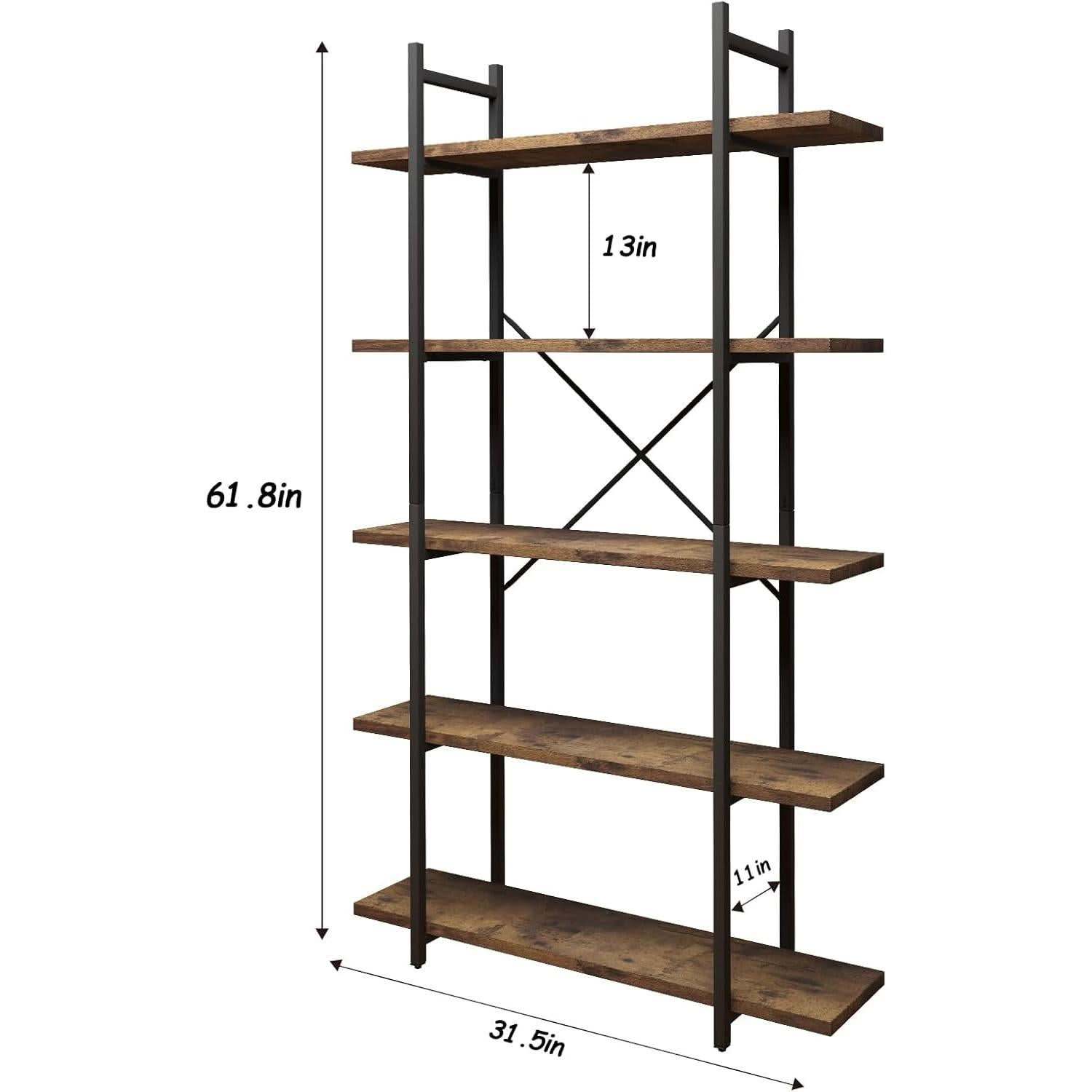 Five Tier Bookshelf Organizer Rustic Brown Metal Shelving