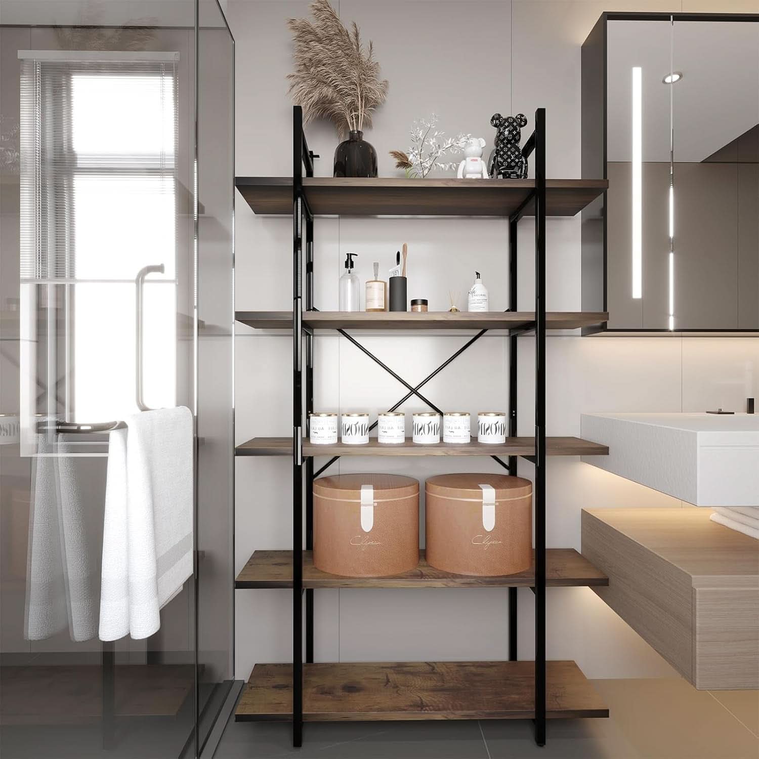 Five Tier Bookshelf Organizer Rustic Brown Metal Shelving