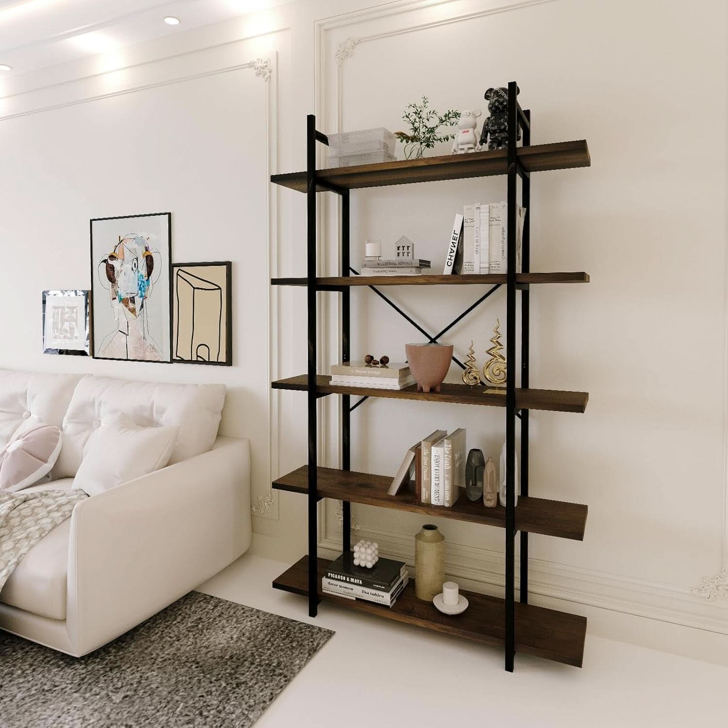 Five Tier Bookshelf Organizer Rustic Brown Metal Shelving