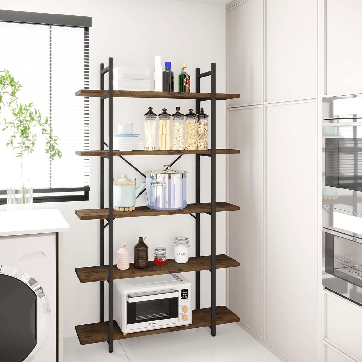 Five Tier Bookshelf Organizer Rustic Brown Metal Shelving