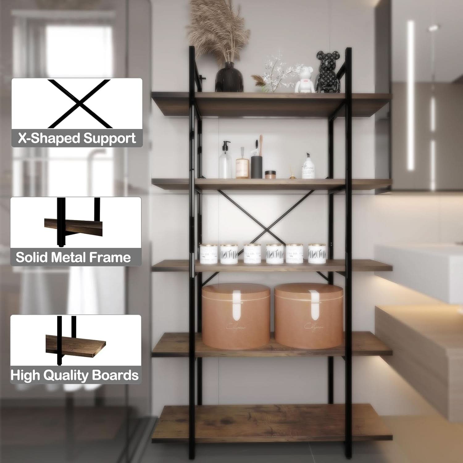 Five Tier Bookshelf Organizer Rustic Brown Metal Shelving