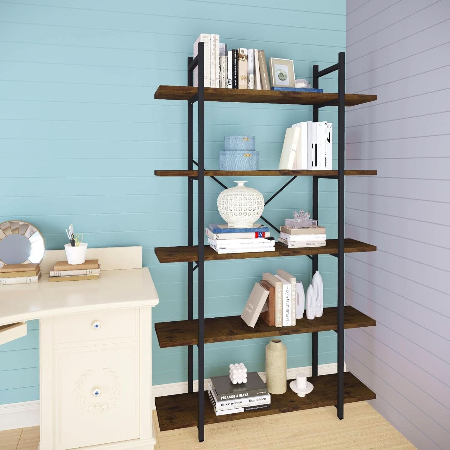 Five Tier Bookshelf Organizer Rustic Brown Metal Shelving