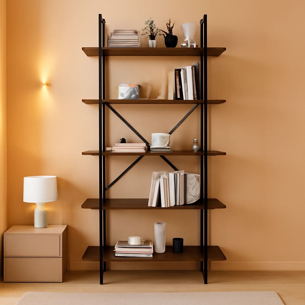 Five Tier Bookshelf Organizer Rustic Brown Metal Shelving