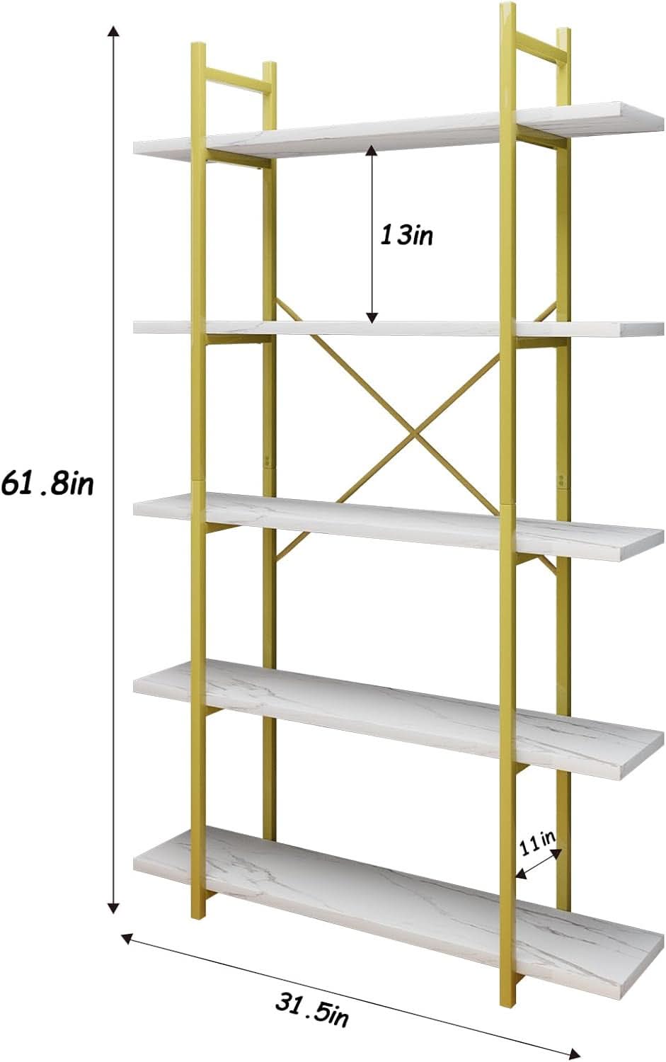 Five Tier Bookshelf Organizer White Faux Marble Metal Open Display
