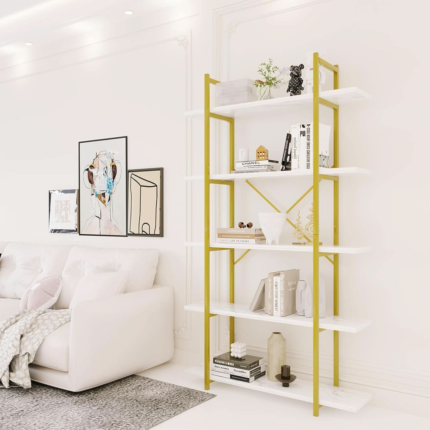 Five Tier Bookshelf Organizer White Faux Marble Metal Open Display