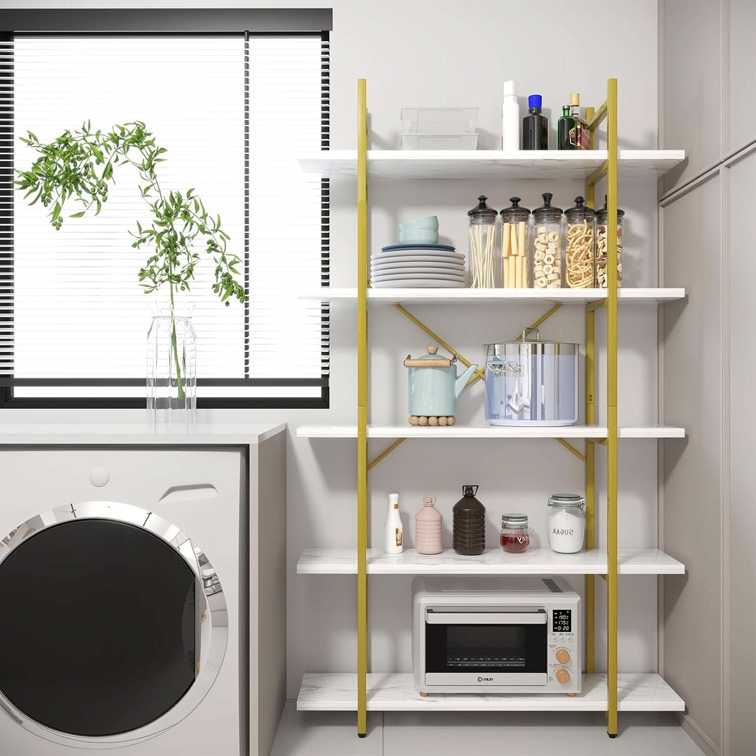 Five Tier Bookshelf Organizer White Faux Marble Metal Open Display