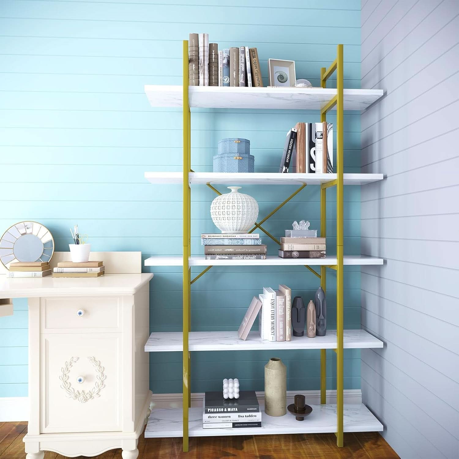 Five Tier Bookshelf Organizer White Faux Marble Metal Open Display