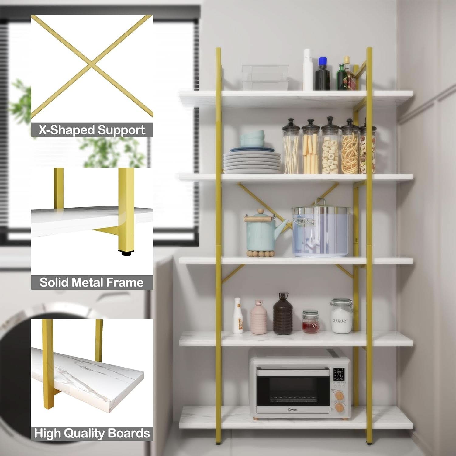 Five Tier Bookshelf Organizer White Faux Marble Metal Open Display