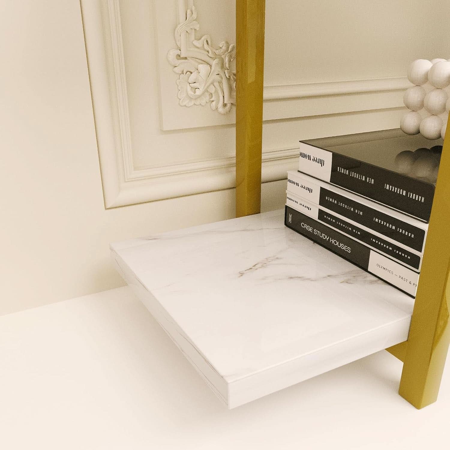 Five Tier Bookshelf Organizer White Faux Marble Metal Open Display