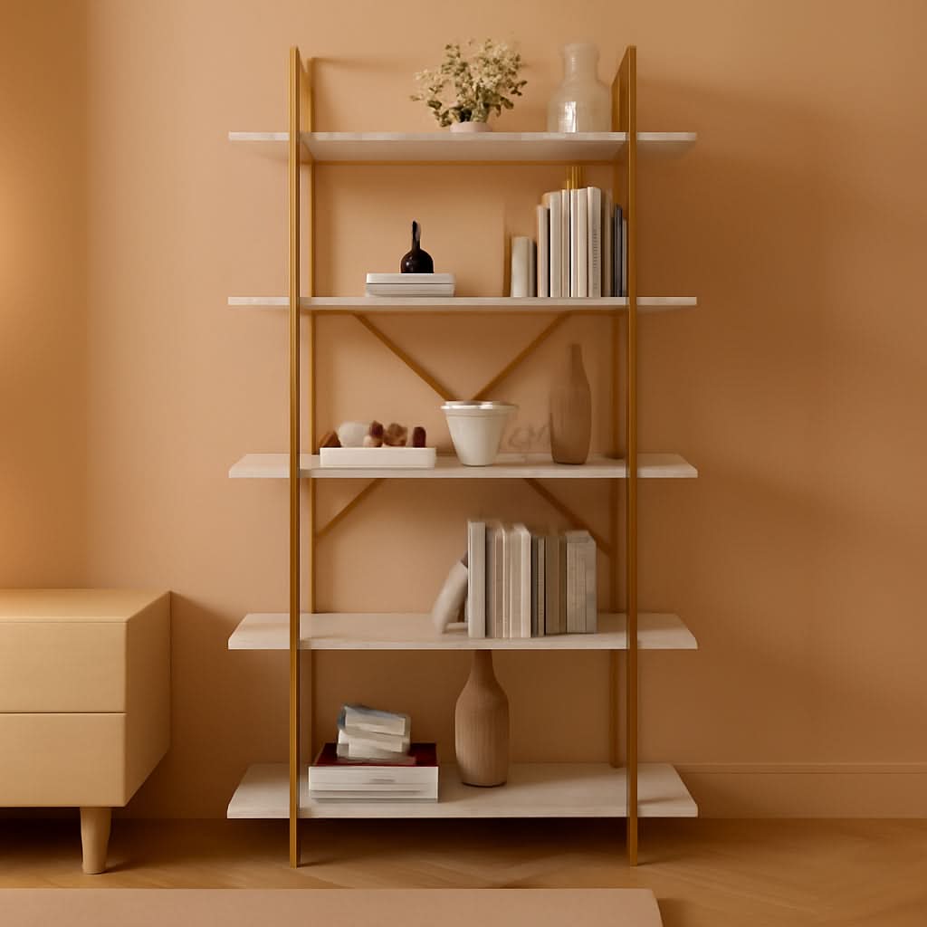 Five Tier Bookshelf Organizer White Faux Marble Metal Open Display